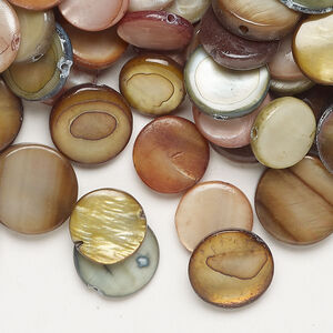 Mother-of-pearl shell 1pkg4oz, puffed flat round bead mix multi-brown 9-12mm
