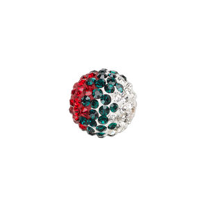 Bead, Egyptian glass rhinestone / epoxy / resin, green / white / red, 14mm round with pav&eacute; wave design. Sold individually.