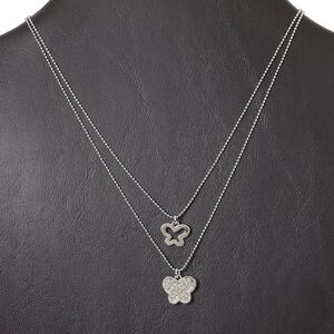 Necklace, 2-strand, rhodium-finished "pewter" (zinc-based alloy) and glass rhinestone, jonquil, 14x11mm open butterfly and 15x12mm butterfly, 15" to 16" necklace with lobster claw clasp and 3-inch extender chain. Sold individually.