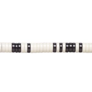 Bead, porcelain, opaque shiny black and white, 4.5x1.5mm heishi. Sold per 8-inch strand, approximately 120 to 150 beads.