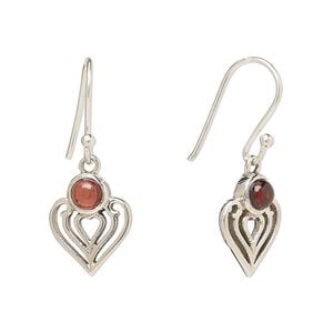 Earring, Create Compliments&reg;, antiqued sterling silver and garnet (natural), fishhook, 28.5mm with 15x9mm single-sided heart, 21 gauge. Sold per pair.
