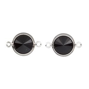 Link, Vintage Crystal&trade;, crystal and silver-plated brass, jet, 12mm rivoli. Sold per pkg of 2.