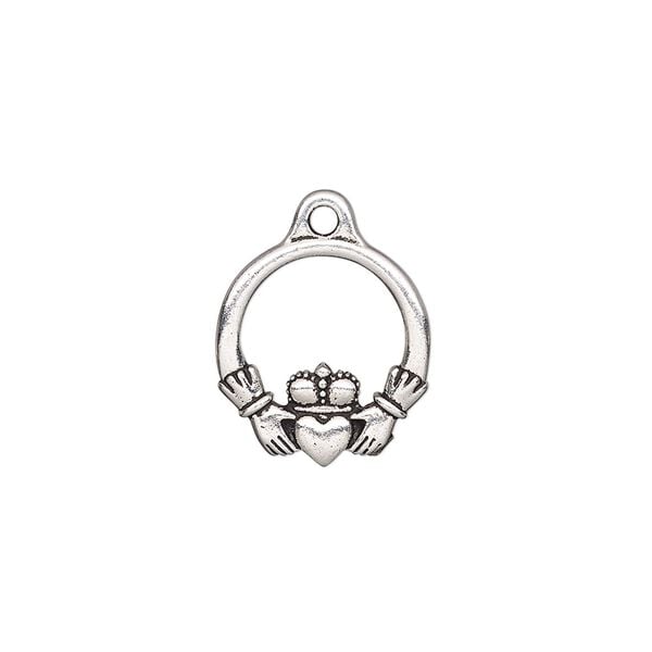 Charm, TierraCast&reg;, antique silver-plated "pewter" (tin-based alloy), 16x14.5mm double-sided Claddagh. Sold per pkg of 20. image number 0