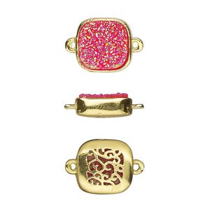 Link, Druzylite&trade;, "druzy" (resin) and gold-finished brass, hot pink, 11.5mm two-sided square with open filigree back. Sold per pkg of 4.
