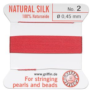 Thread, Griffin, silk, red, size #2. Sold per 2-meter card (approximately 78 inches).