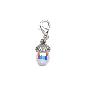 Charm crystal steel 1pk 12x8mm acorn with lobster claw clasp, clear AB silver finish