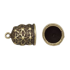 Cord end glue-in 1pkg1 brass-plated pewter, 15.5x14mm bell / star design / 10mm inside diameter, antiqued / JBB Findings
