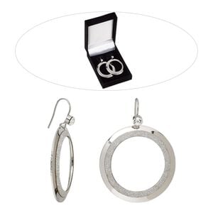 Earring, Czech glass rhinestone with rhodium-finished brass and steel, clear with silver-colored glitter, 2-1/4 inches with two-tone round donut and fishhook ear wire. Sold per pair.