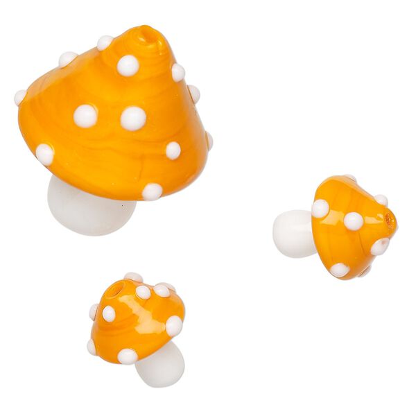 Bead 1pkg3 lampworked glass, opaque orange and white, (1) 31x25mm and (2) 15x13mm half-drilled mushroom. image number 0