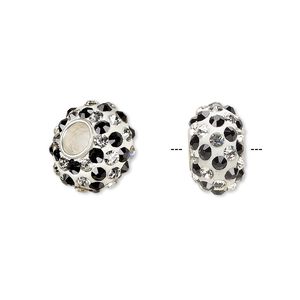 Bead 1pkg1 sterling silver, 13x8mm-14x8mm rondelle / spiral, epoxy / glass rhinestone / white / black / clear Dione&reg;