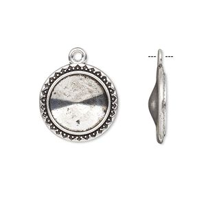 Drop, Almost Instant Jewelry&reg;, antique silver-finished "pewter" (zinc-based alloy), 19mm round with triangle and beaded design with 14mm rivoli setting. Sold per pkg of 6.