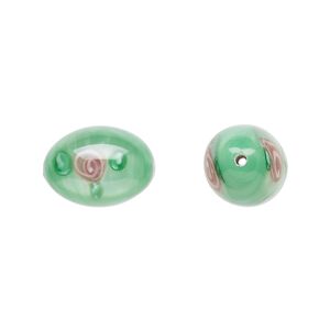Bead, Czech lampworked glass, opaque green and pink, 15x10mm-16x11mm olive with flower design. Sold per pkg of 2.