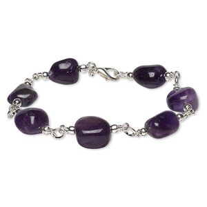 Bracelet, amethyst (natural / dyed) with silver-plated brass and steel, small to medium hand-cut nugget, 6 inches with lobster claw clasp. Sold individually.
