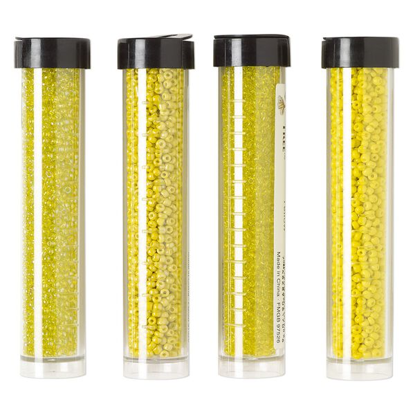 Seed bead assortment, Ming Tree&trade;, glass, pkg/(4) 4 x 3/4 inch vials, #11 round, opaque and transparent yellow with various finishes. image number 0