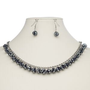 Hemalyke&trade; / steel / brass 1pkg1, silver-plated geometric round bead necklace / fishhook earrings, 18-19.5 inch / lobster claw clasp / 1.25 inch
