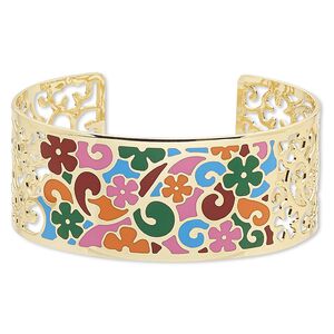 Bracelet, Avant-Garde Jewelry Collection&trade;, cuff, enamel and gold-plated brass, multicolored, 30mm wide with cutout and flower with swirl design, adjustable from 7-1/2 to 8 inches. Sold individually.