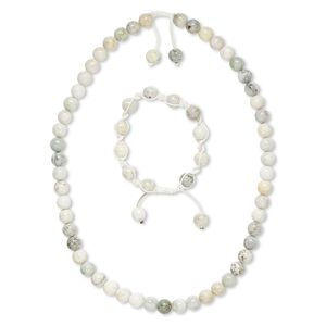 Green earth "jasper" / nylon 1pkg2 round necklace / bracelet natural 7-10 inch / 22-25 inch / adjustable macram&eacute; clasp 9-10mm