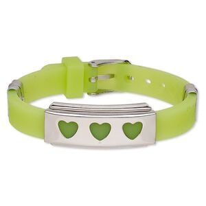 Bracelet, Softique&trade;, silicone and stainless steel, light green, 16mm wide with 39x16mm rectangle and cutout hearts, adjustable from 5-1/2 to 7-1/2 inches with buckle-style closure. Sold individually.