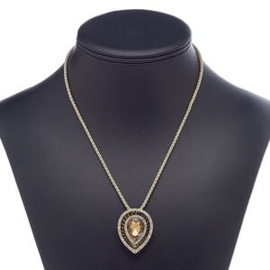 Necklace, glass rhinestone / glass / gold-finished steel / "pewter" (zinc-based alloy), topaz brown and clear, 35x27mm teardrop, 18 inches with 3-inch extender chain and lobster claw clasp. Sold individually.
