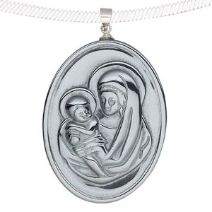 Hemalyke&trade; / brass 1pkg1, silver-finished 1-sided Mary w/baby Jesus oval pendant 41x31mm