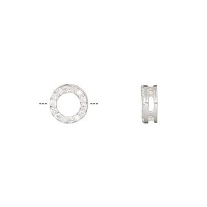 Slide, sterling silver and cubic zirconia, clear, 8mm single-sided open round, 4x1mm hole. Sold individually.
