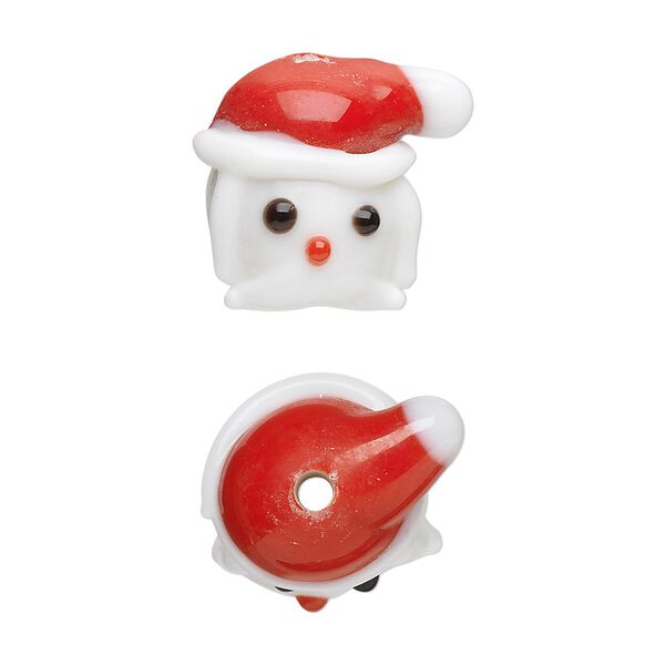 Bead, lampworked glass, red / brown / white, 17x14mm Santa head. Sold per pkg of 4. image number 0