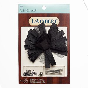Brooch / hair clip kit, Laliberi&trade;, fabric / silver-finished steel / silver-coated plastic, black and clear, flower. Sold per kit.