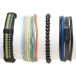 Bracelet mix, Everyday Jewelry, leather (dyed) / faux leather (dyed) / Japanese pagoda wood / waxed cotton cord, multicolored, 5-13mm wide, 7-8 inches. Sold per pkg of 4.