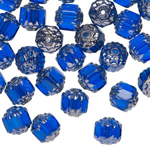 Bead 1pkg50 Czech glass, cobalt and metallic silver, 8mm round cathedral