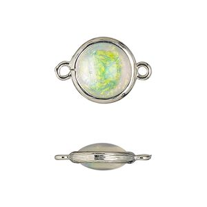 Link, Opalized Ice&trade;, "opal" (resin) and imitation rhodium-finished brass, opaque white, 14mm double-sided round. Sold per pkg of 4.
