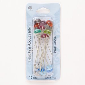 Head pin mix 1pkg16 silver-finished, 2 to 2.5 inch / round cabochon, 21 gauge brass / millefiori glass mixed color
