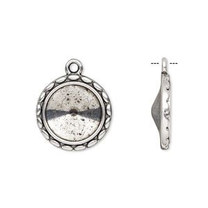 Drop, Almost Instant Jewelry&reg;, antique silver-finished "pewter" (zinc-based alloy), 19mm round with scalloped design and 14mm rivoli setting. Sold per pkg of 6.