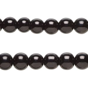 Bead, glass pearl, coated glass, black, 7-8mm round. Sold per pkg of (2) 15-inch strands.