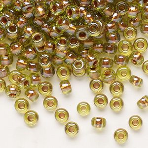 Seed bead, Miyuki, glass, pkg/250g, #6 rocaille, opaque copper pearl-lined chartreuse, (RR-3805).