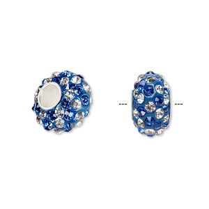 Bead 1pkg1 sterling silver, 13x8mm-14x8mm rondelle / spiral, epoxy / glass rhinestone / blue / clear Dione&reg;