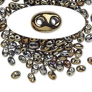 Seed bead, Preciosa Twin&trade; Czech glass, pkg/50g, 5x2.5mm oval, opaque gold iris black, (59115).
