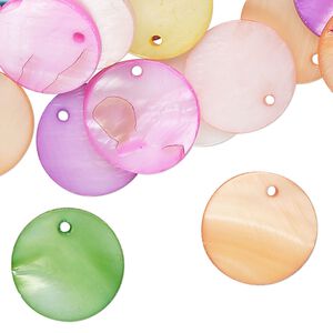 Drop mix, mother-of-pearl shell (bleached / dyed) 1pkg100, mixed colors, 15mm flat round.