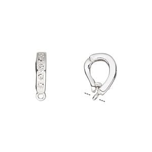 Bail, Czech glass rhinestone and silver-plated brass, clear, 12x3mm single-sided hinged oval with closed loop, 6mm grip length. Sold per pkg of 2.