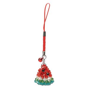 Zipper pull, nylon / glass / steel / aluminum / "pewter" (zinc-based alloy), multicolored, 4-1/2 inches with 6mm bell and 28x26mm watermelon slice with lobster claw clasp. Sold individually.