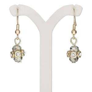 Earring, glass / glass rhinestone / gold-finished brass / steel / "pewter" (zinc-based alloy), grey and clear, 1-1/2 inches with freeform and fishhook ear wire. Sold per pair.