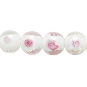 Bead, lampworked glass, white / pink / clear with glow-in-the-dark accents, 11mm round. Sold per 15-1/2" to 16" strand.