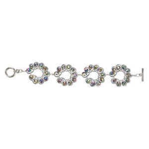 Bracelet, glass and silver-plated steel, purple AB, 34x30mm flower, 6-1/2 inches with toggle clasp. Sold individually.
