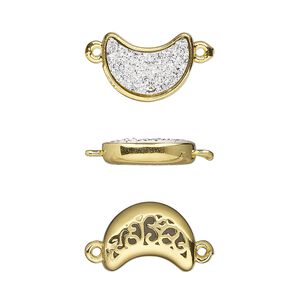 Link, Druzylite&trade;, "druzy" (resin) and gold-finished brass, silver, 14x10mm two-sided moon with open filigree back. Sold per pkg of 4.