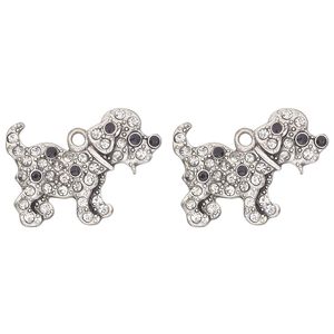Charm, antique silver-finished "pewter" (zinc-based alloy) and glass, clear and black, 29x15mm single-sided dalmatian. Sold per pkg of 2.