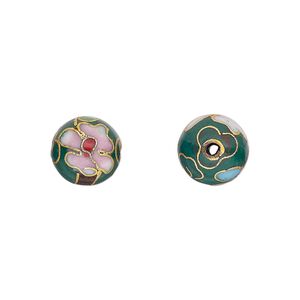 Bead 1pkg10 gold-finished, 10mm cloisonn&eacute; round / flower, copper / enamel