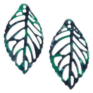 Focal, resin, green and dark green, 39x22mm leaf with cutouts. Sold per pkg of 4.