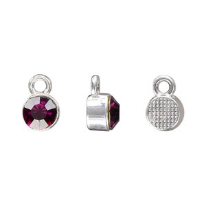 Drop, silver-finished "pewter" (zinc-based alloy) and glass rhinestone, amethyst purple, 8mm faceted round, February birthstone. Sold per pkg of 4.