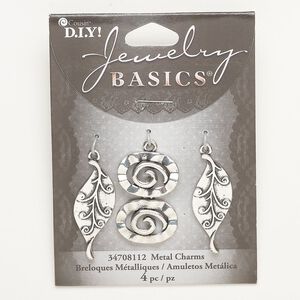 Drop assortment, brass, pkg/4, antique silver finish, 35x15mm leaf/21x16mm wavy oval.