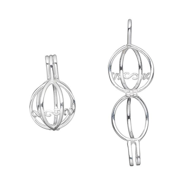 Drop, sterling silver, 15x14mm hinged round bead cage, fits 10mm bead. Sold individually. image number 0