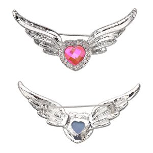 Brooch, glass rhinestone / glass / imitation rhodium-plated "pewter" (zinc-based alloy), pink and clear, 69x29mm heart with wings. Sold individually.